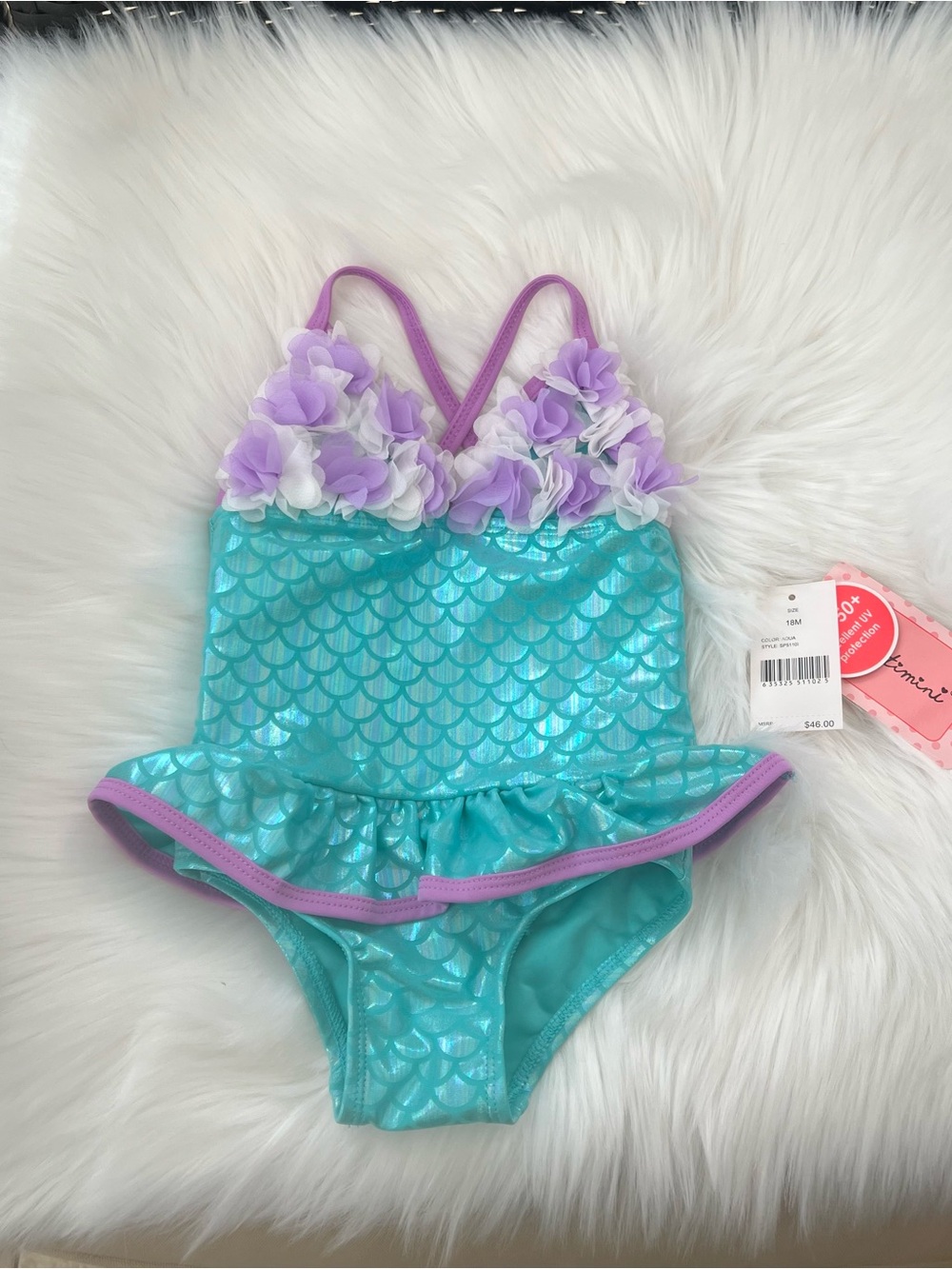 NWT Floatimini Shimmery Mermaid-Scale One-Piece with Lavender Floral Trim